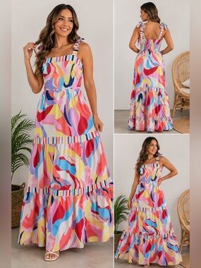 Unbranded Multicolor Abstract Print Tiered Maxi Dress Size Medium